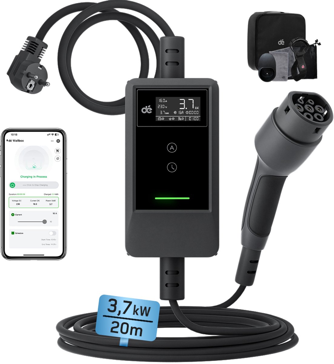 dé Mobiele Thuislader Type 2 met App 3,7kW - Schuko Plug - 16A 1 Fase - 20 Meter Kabel - EV-oplader met LCD Display