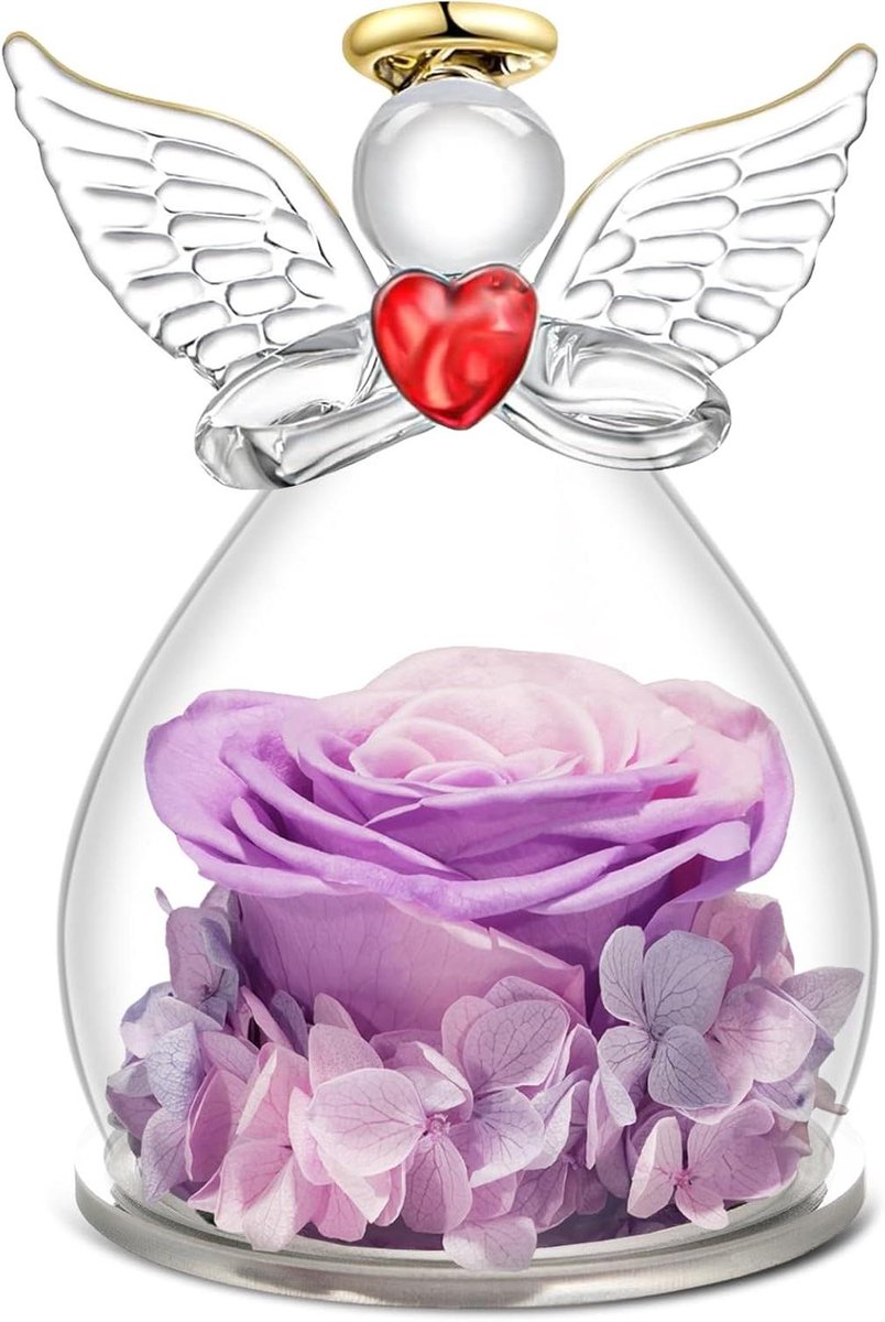 Eeuwige Roos Engel - Gedroogde Bloem Koepel - Cadeau Ideëen - Handgemaakt Behoud - 7x7x10.5 cm - Roze Violet