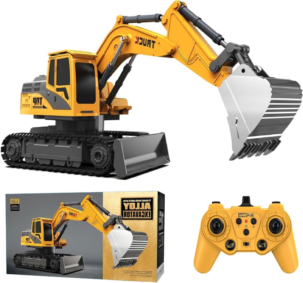 Afstandsbediening Graafmachine Speelgoed voor Kinderen, 2-in-1 RC Graafmachine met Bulldozer, 2.4GHz Bouwvoertuig met Lichten en Muziek voor Jongens van Alle Leeftijden