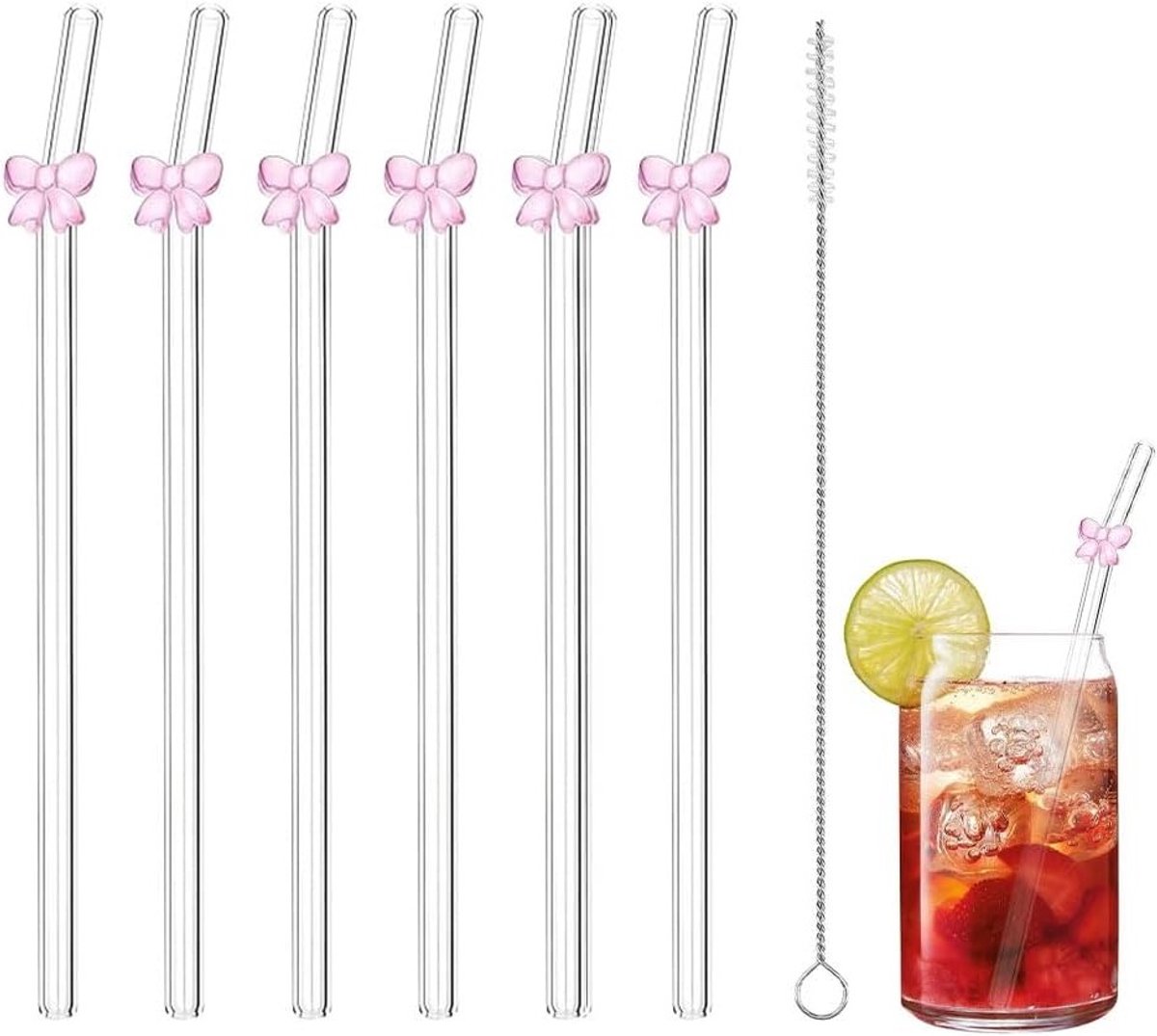 Herbruikbare lange glazen rietjes met strikpatroon, 6 stuks borosilicaatglas, inclusief rietborstel voor smoothies, sappen en cocktails