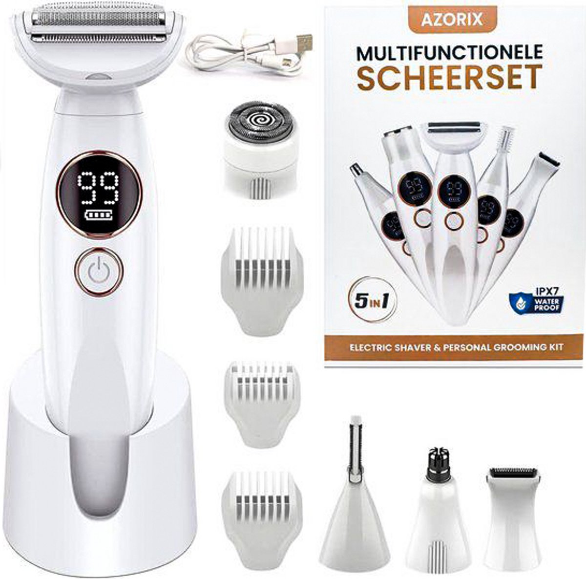 Azorix 8-in-1 Ladyshave en Trimmer – Scheerapparaat Vrouw voor Lichaam en Bikinilijn - IPX7 Waterdicht - Neushaartrimmer - USB Oplaadstation - Wit