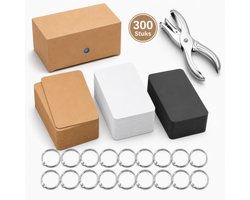 300 Stuks Blanco Mini Kraft Kaarten met 20 Klikringen & Papier Gaatjestang - Flashcards in Bewaarbox - Systeemkaarten Ringen - Karton Flitskaarten - Kraftpapier Cadeaulabels/ Bedankt Kaartjes - Lege Wenskaarten\Naamkaartjes - Kleine Verjaardagskaart