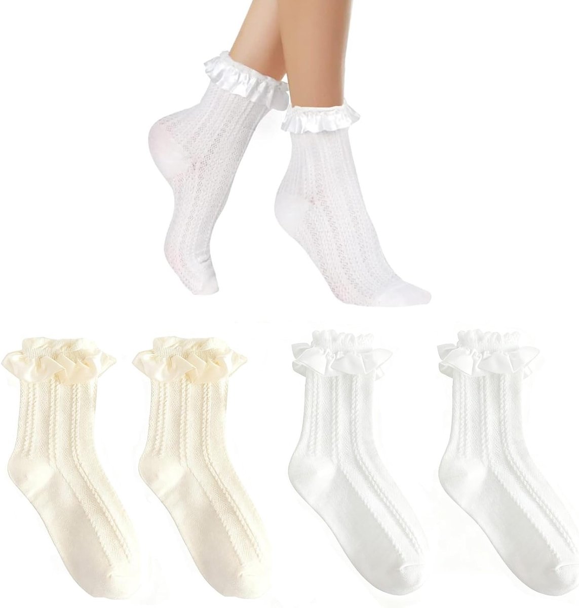 Vrouwelijke Kostuumsokken met Rimpel en Kant - Schattige Danssokken voor Feestjes en Gelegenheden (Beige en Wit)