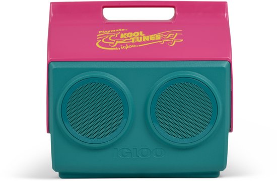 Playmate KoolTunes koelbox van Igloo in roze en groen, met twee ronde speakers op de voorkant en 'Playmate Kool Tunes by Igloo' logo.