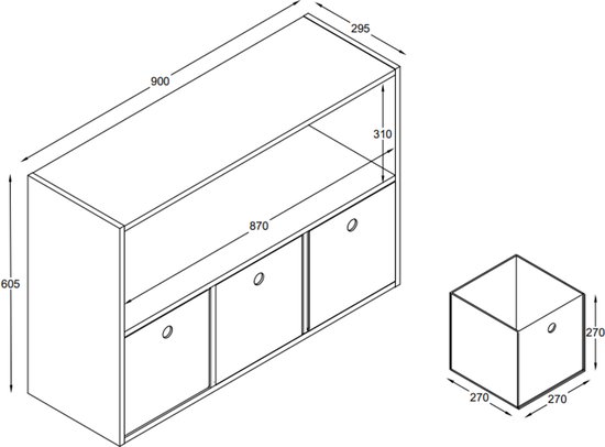 Technische tekening van een witte kast met afmetingen.