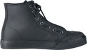 Zwarte hoge sneaker met ritssluiting, veters en rubberen neus, zijaanzicht.