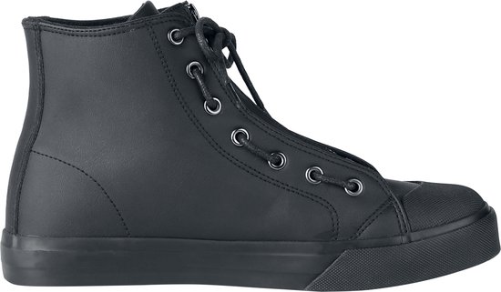 Zwarte hoge sneaker met ritssluiting, veters en rubberen neus, zijaanzicht.