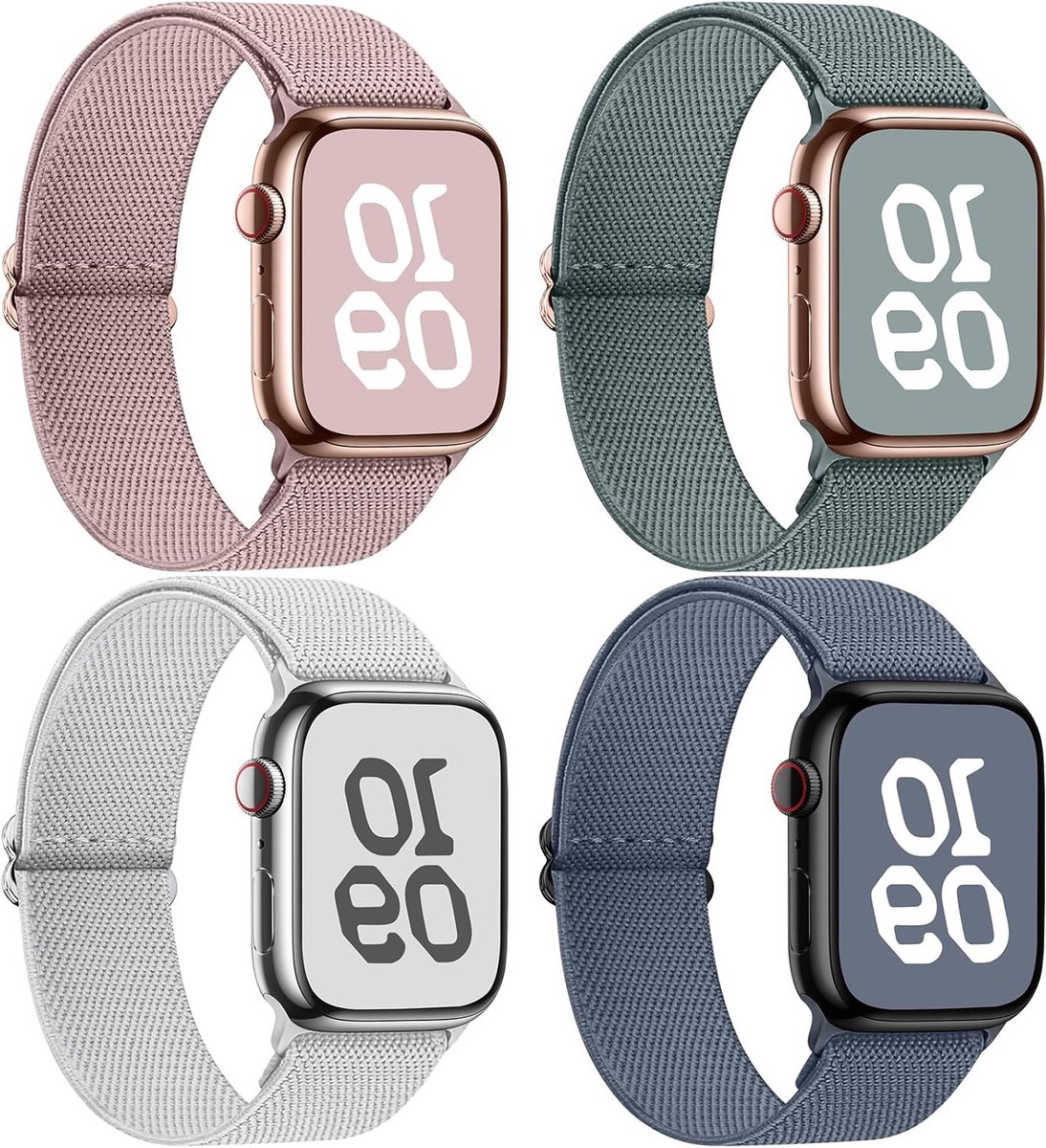 Elastische Nylon Horlogeband Geschikt voor Apple Watch 40mm 41mm 44mm 45mm - 4 Stuks Sportieve Fabric Band voor iWatch SE Series 1 t/m 10