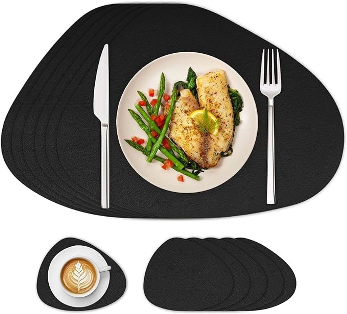 Set van 6 ronde placemats, zwart, hittebestendig en afwasbaar