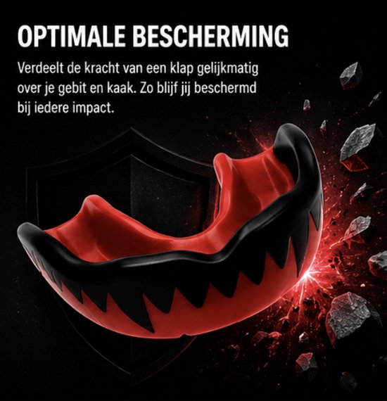 Rood en zwart Vampier gebitsbeschermer met "OPTIMALE BESCHERMING" tekst.