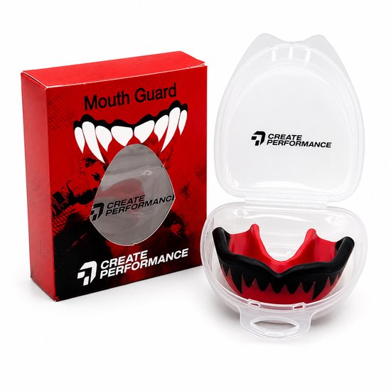 Rode verpakking met vampiergebit en het logo 'CREATE PERFORMANCE'. Naast de verpakking een rood/zwart gebitsbeschermer in een transparante opbergdoos.