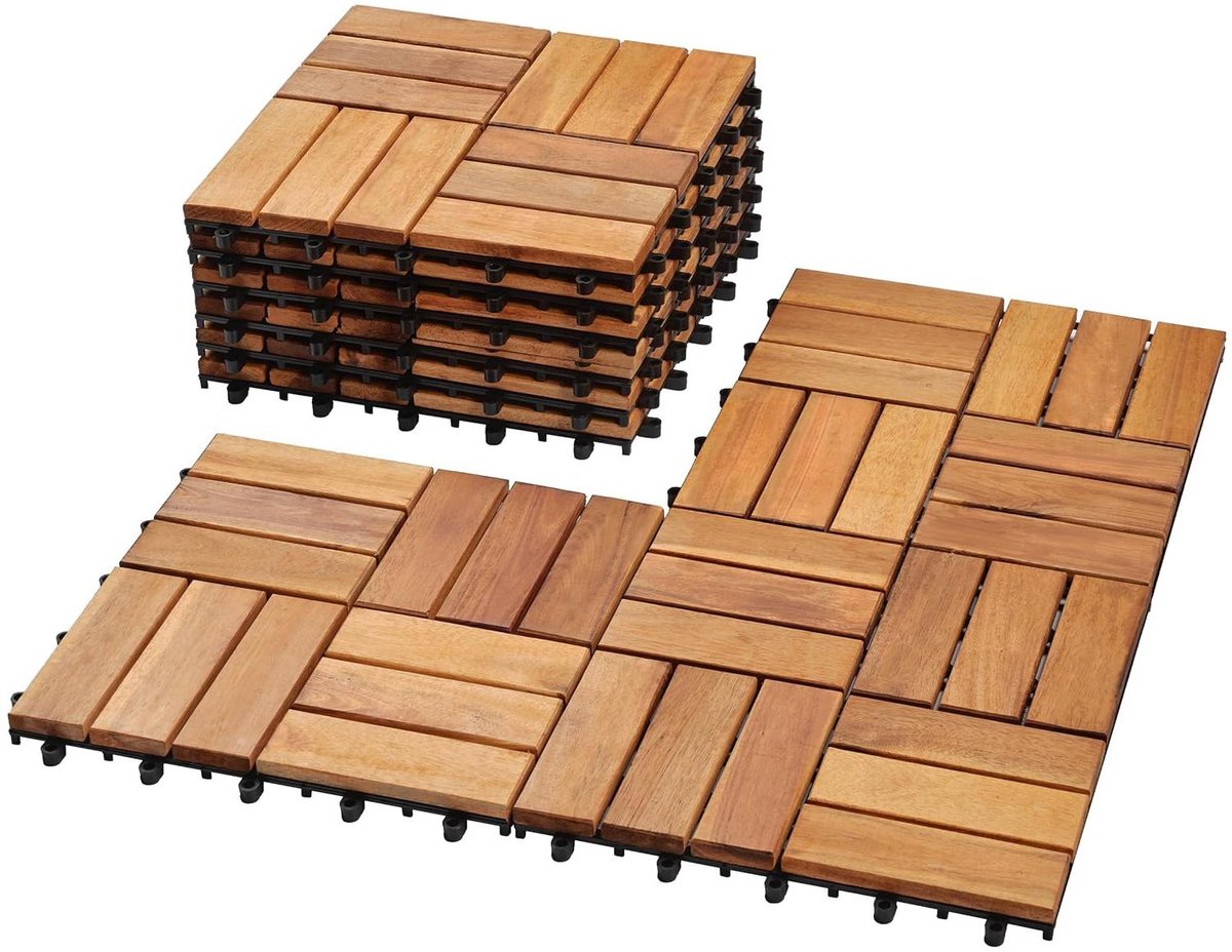 Terrastegels Hout - Vloerdelen Balkon - Buitenruimte Creëren - FSC Acacia Hout - 9 Stuks 30x30cm - Natuurlijk Hout