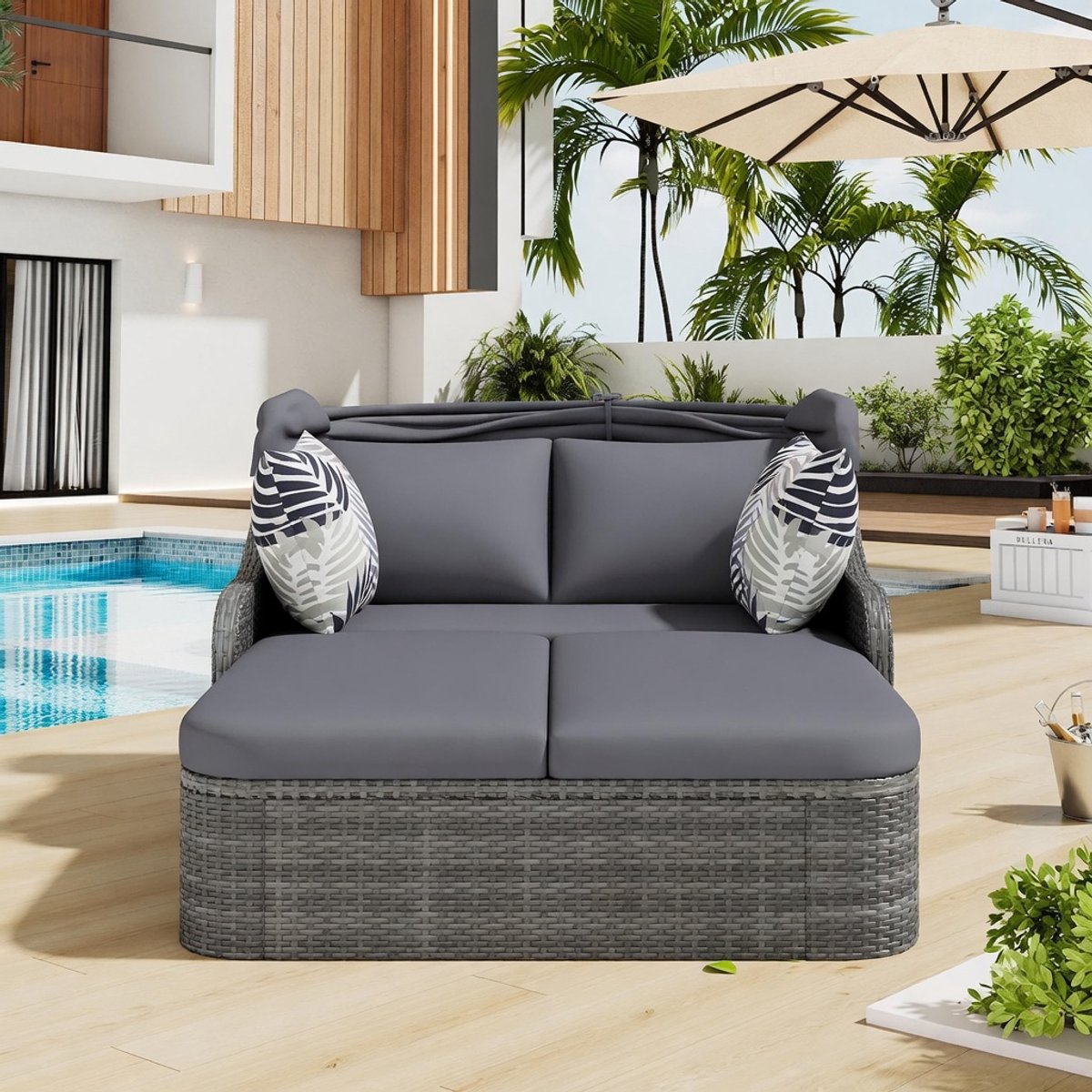 Luxe Zonne-eiland 2-Persoons Tuinloungeset met Verstelbare Luifel en Kussens – PE Rotan All-Weather Outdoor Ligbed – GrijsIndustrohome