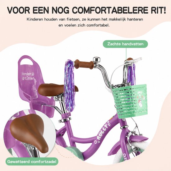 Vankel Kinderfiets 12 Inch - Met Steunwielen - Terugtraprem en Velgrem - Sterk Stalen Frame - Volledig Gesloten Kettingkast - Afneembare Fietsmand - Verstelbaar Zadel - Antislip Banden - Geschikt voor 2-4 Jaar - Duurzame Kinderfiets - Paars van VANKEL — afbeelding 5