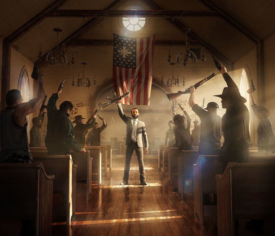 Een groep mensen heft wapens in een kerk voor een Amerikaanse vlag met een symbool.