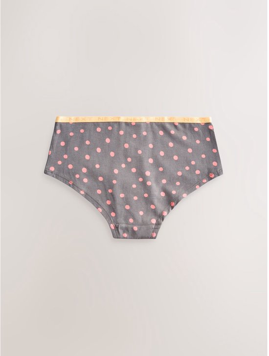 Grijs met roze polkadot hipsters met oranje tailleband.