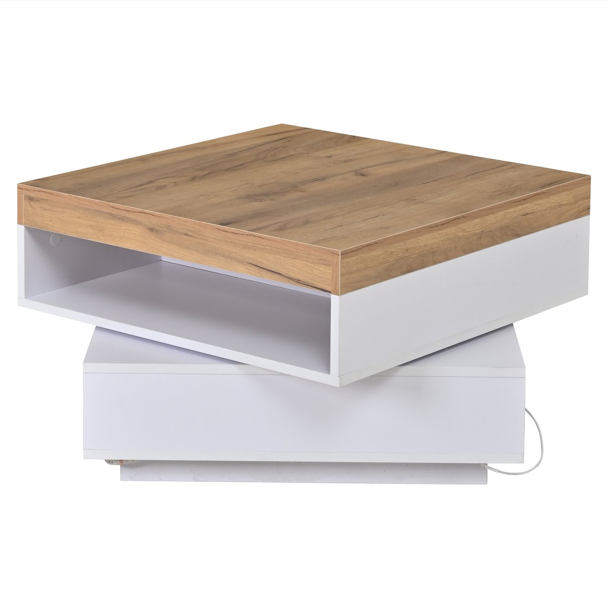 Salontafel - 360° draaibaar - 65x65x40 cm - vierkant - led verlichting - woonkamer tafel - bijzettafel - wit + houttint