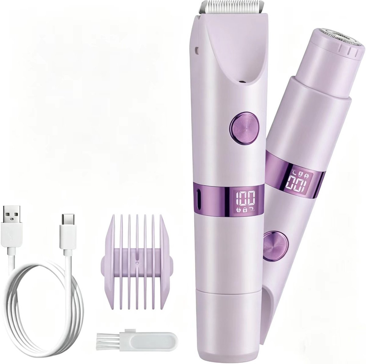 2-in-1 Elektrisch scheerapparaat & bikinitrimmer – Met LED-display – Unisex – IPX6 Volledig waterdicht – Elektrisch ontharingsapparaat met dubbele kop (nat & droog) – Oplaadbaar ontharingsapparaat voor gezicht & lichaam – Paars