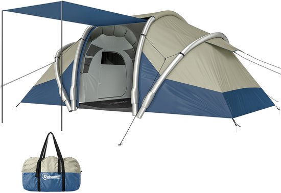 Outsunny Opblaasbare Kampeertent-TPU, Oxford-stof-485L x 245B x 188H cm-Blauw+Grijs+Lichtbruin