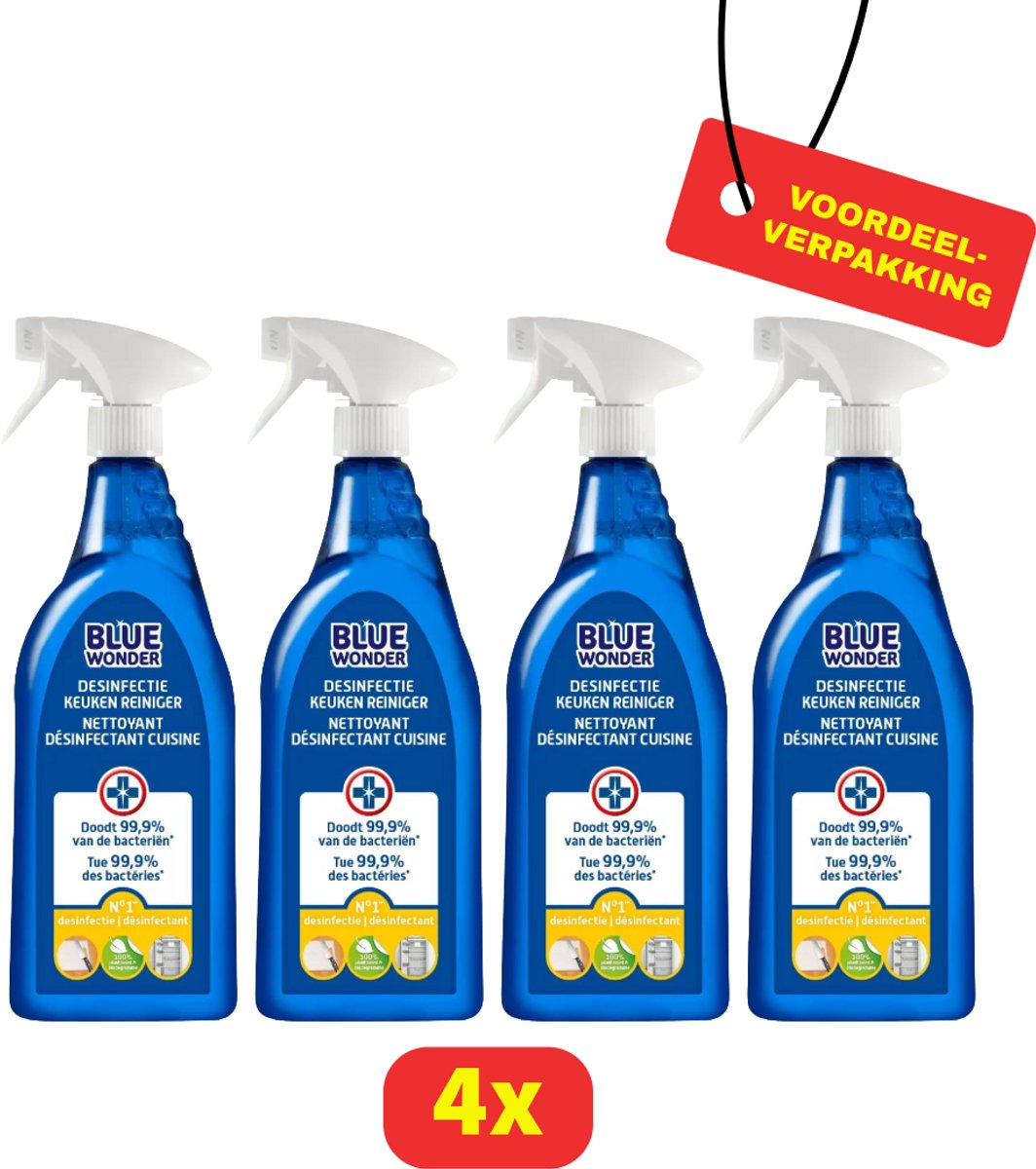 Blue Wonder - Allesreiniger Spray Keuken - Hygiënische Schoonmaak - 4 x 750ml - Voordeelverpakking