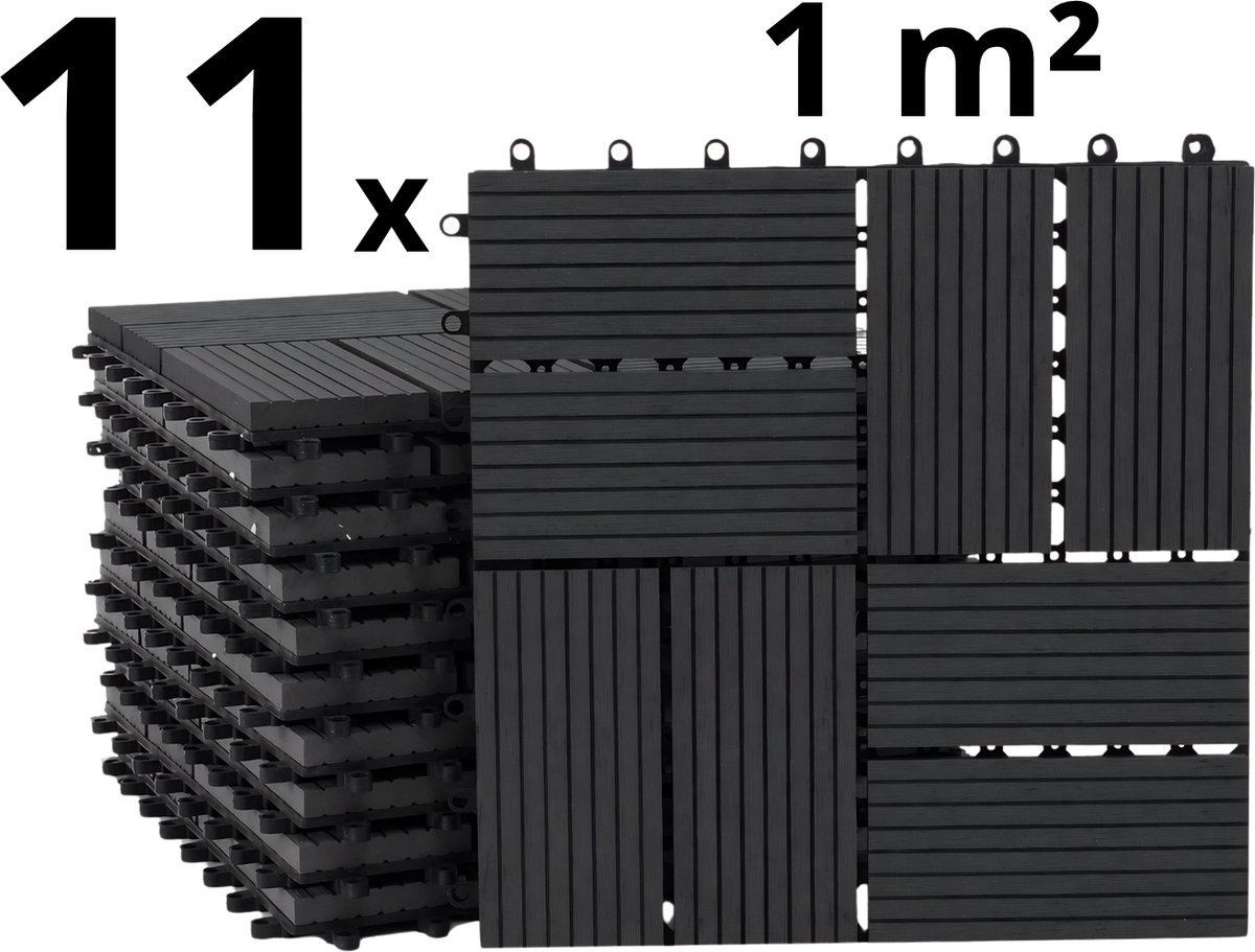 Terrastegels - WPC Composiet Kunststof - 11 Stuks - 1 m² - Zwart - 8 Latjes - Vlondertegels - Balkontegels - Onderhoudsvrij - Makkelijke en Snelle Montage