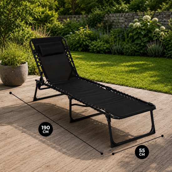 Outbee Ligbed - Ligstoel - Zonnebed - 190x55x30 cm - Inklapbaar - Verstelbaar - Weerbestendig - Zwart van Outbee — afbeelding 2