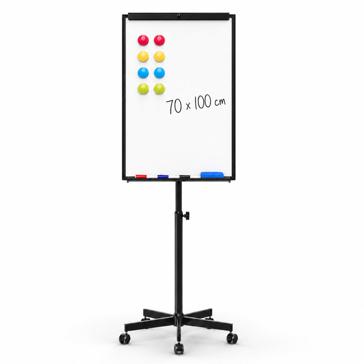 ACAZA Flipover - Verrijdbaar Whiteboard - 70 x 100 cm - Inclusief 8 Magneten, 4 Stiften, Wisser en Pennenbakje - Magnetisch Whiteboard - Verstelbaar Bord van 180 tot 210 cm - Inclusief Papierklem en Uitschuifbare Armen