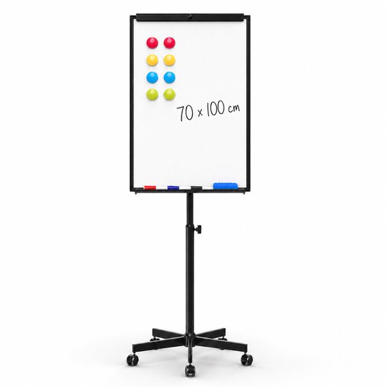 ACAZA Flipover - Verrijdbaar Whiteboard - 70 x 100 cm - Inclusief 8 Magneten, 4 Stiften, Wisser en Pennenbakje - Magnetisch Whiteboard - Verstelbaar Bord van 180 tot 210 cm - Inclusief Papierklem en Uitschuifbare Armen