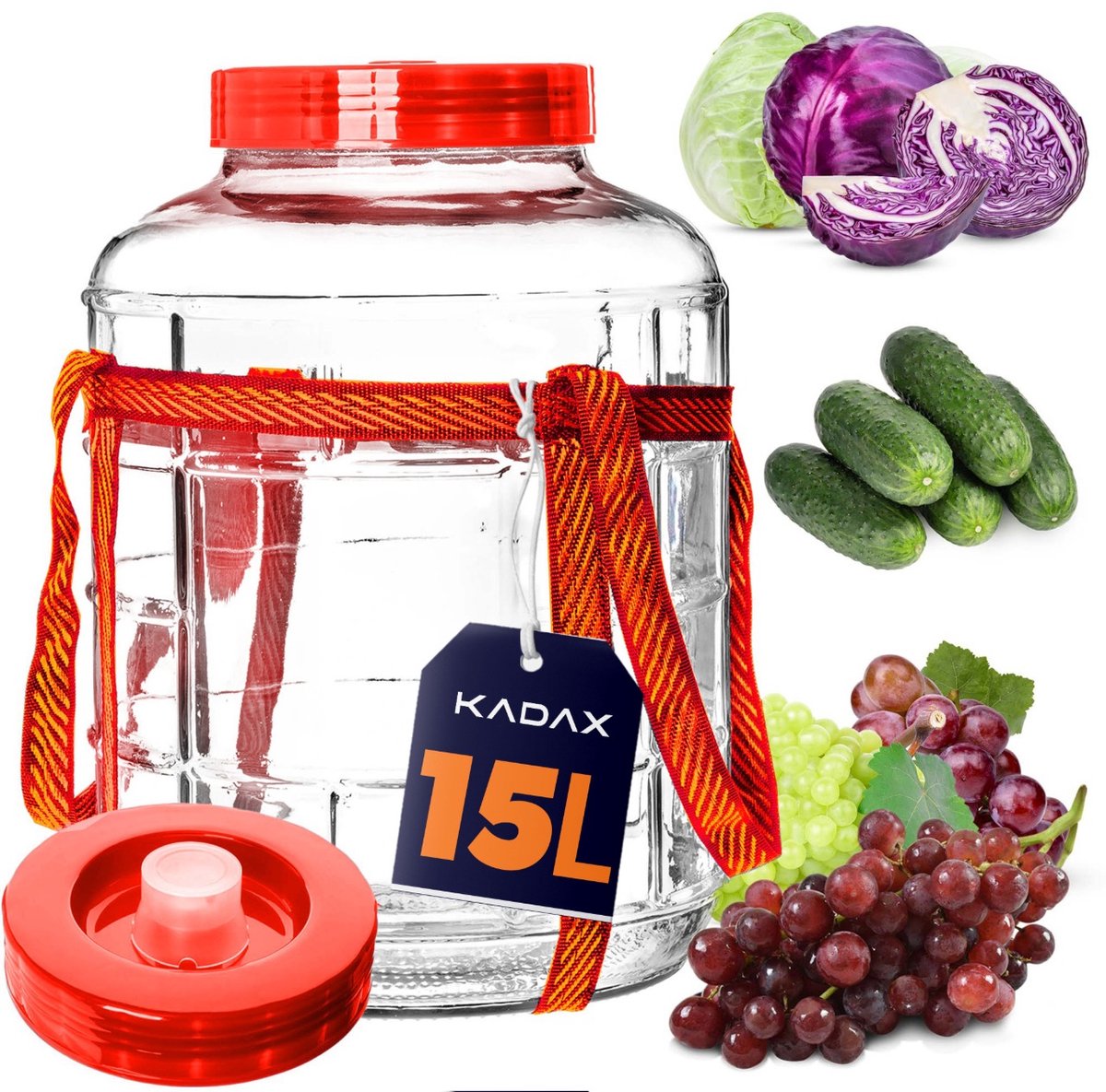 KADAX Gistballon, 15 liter, glazen ballon met deksel van kunststof, wijnballon, glazen gistballon, universeel glas, komkommerglas, voorraadglas, bewaarglas, fermentatiecontainer, inmaakglas