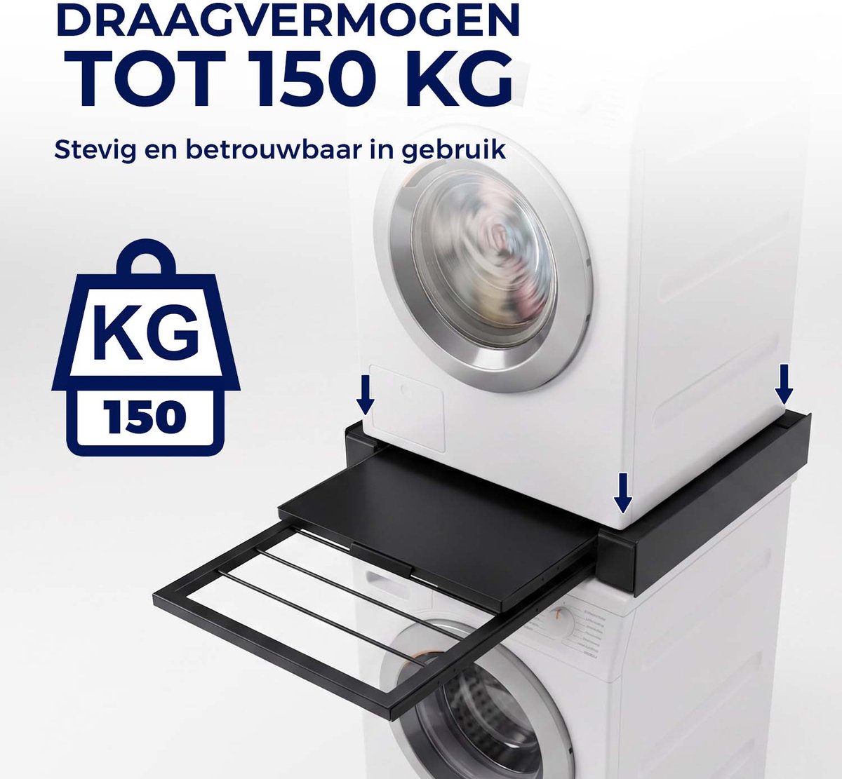 ProductXpert Stacko™ - Stapelkit - Tussenstuk - Uitschuifbare Plank met Handdoekhouder - Wasmachine en Droger - Zwart - Antislip — afbeelding 4