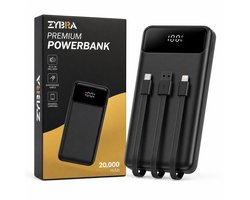 Zybra® Powerbank 20000 mAh – Powerbanks 22.5W Snellader - USB-A/USB-C/IOS - LED Indicatie - Universeel - Ingebouwde kabels - Noodpakket