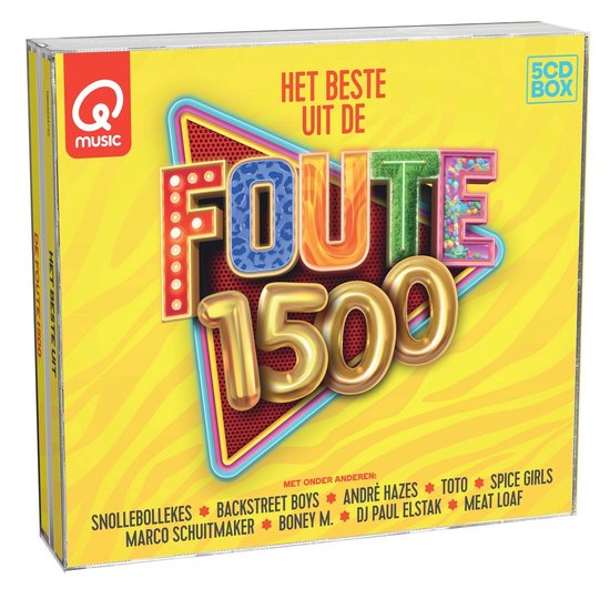 Box met 5CDs, "Het beste uit de Foute 1500" met Qmusic logo. Gele achtergrond met golven en gekleurd logo.
