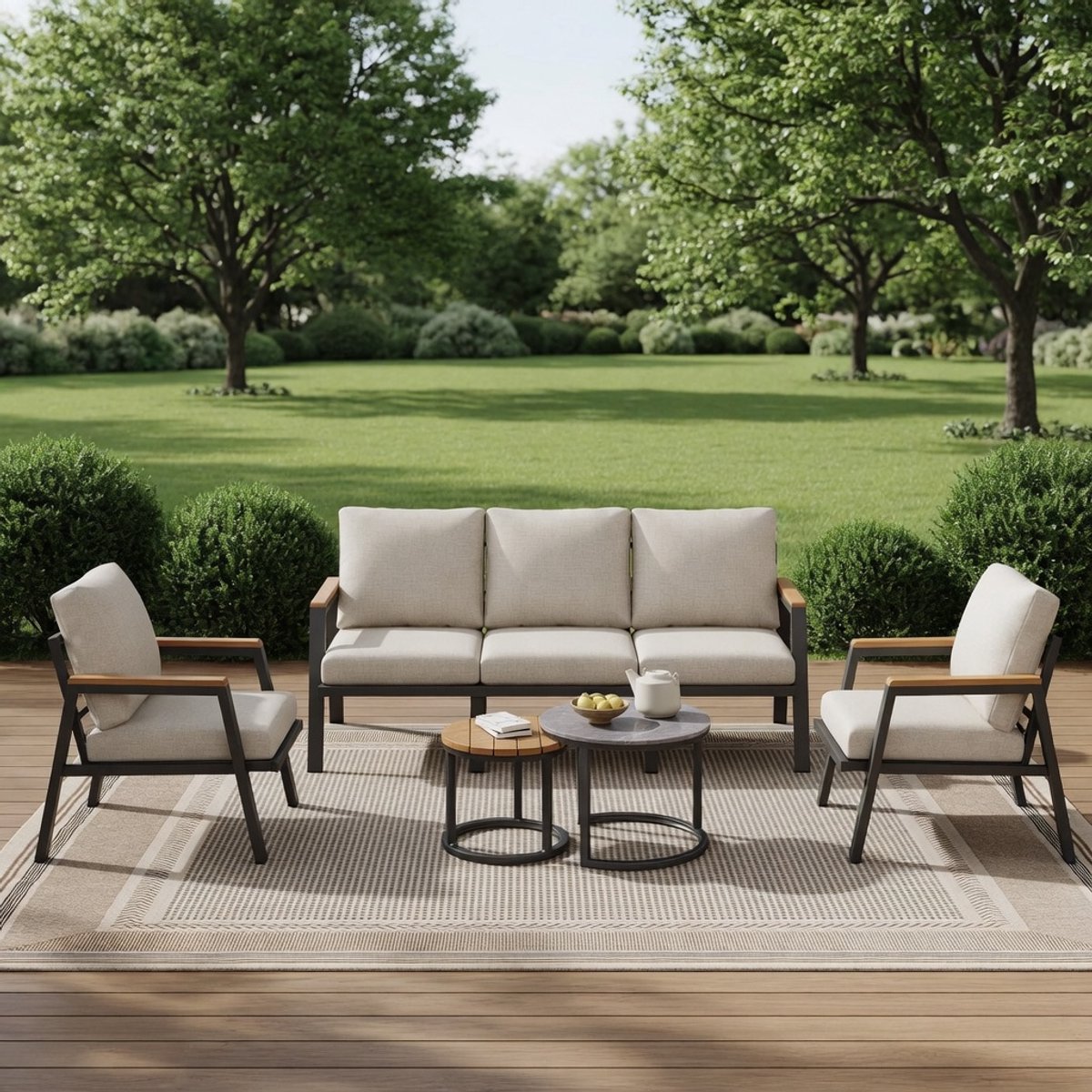 5-Zits Tuinset met 3-Zitsbank, 2 Stoelen & 2 Salontafels – Verzinkt Staal – Industriële Loungeset Grijs/Beige - Industrohome