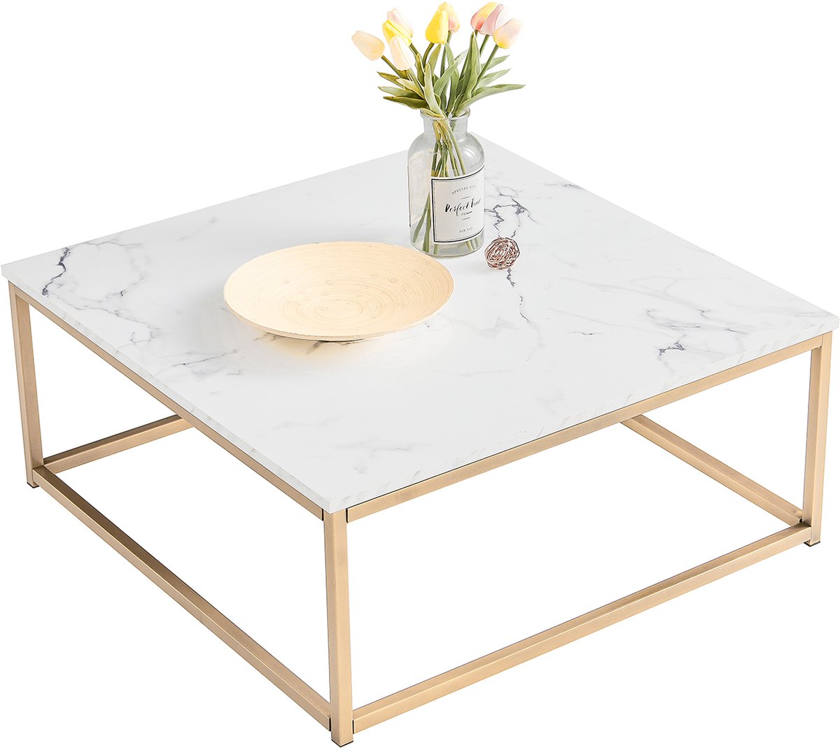 Salontafel - 80x80cm Marmer Effect Industrieel - Goud Metaal