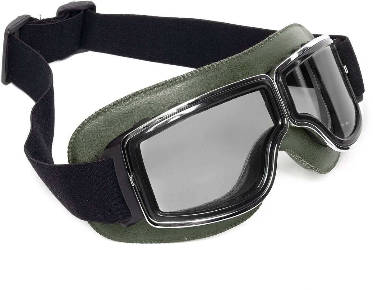 KIMU® Goggles Motorbril Skibril - Bril Groen Montuur - Zwarte Glazen - Leatherlook Pilotenbril Vintage Motor Retro Steampunk Lederen Heren Festival