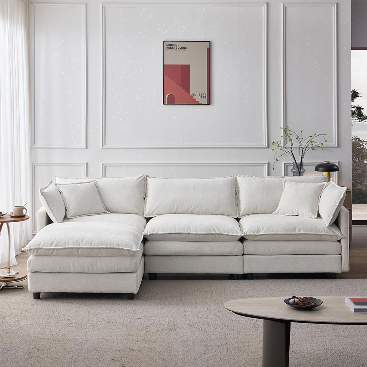 KOMHTOM BLACKCOLORS Modulaire hoekbank van premium chenille – 3-zitsbank met chaise longue & poef, comfortabele L-bank voor kleine woningen, woonkamer & lounge, ademend zitcomfort voor het hele gezin Beige