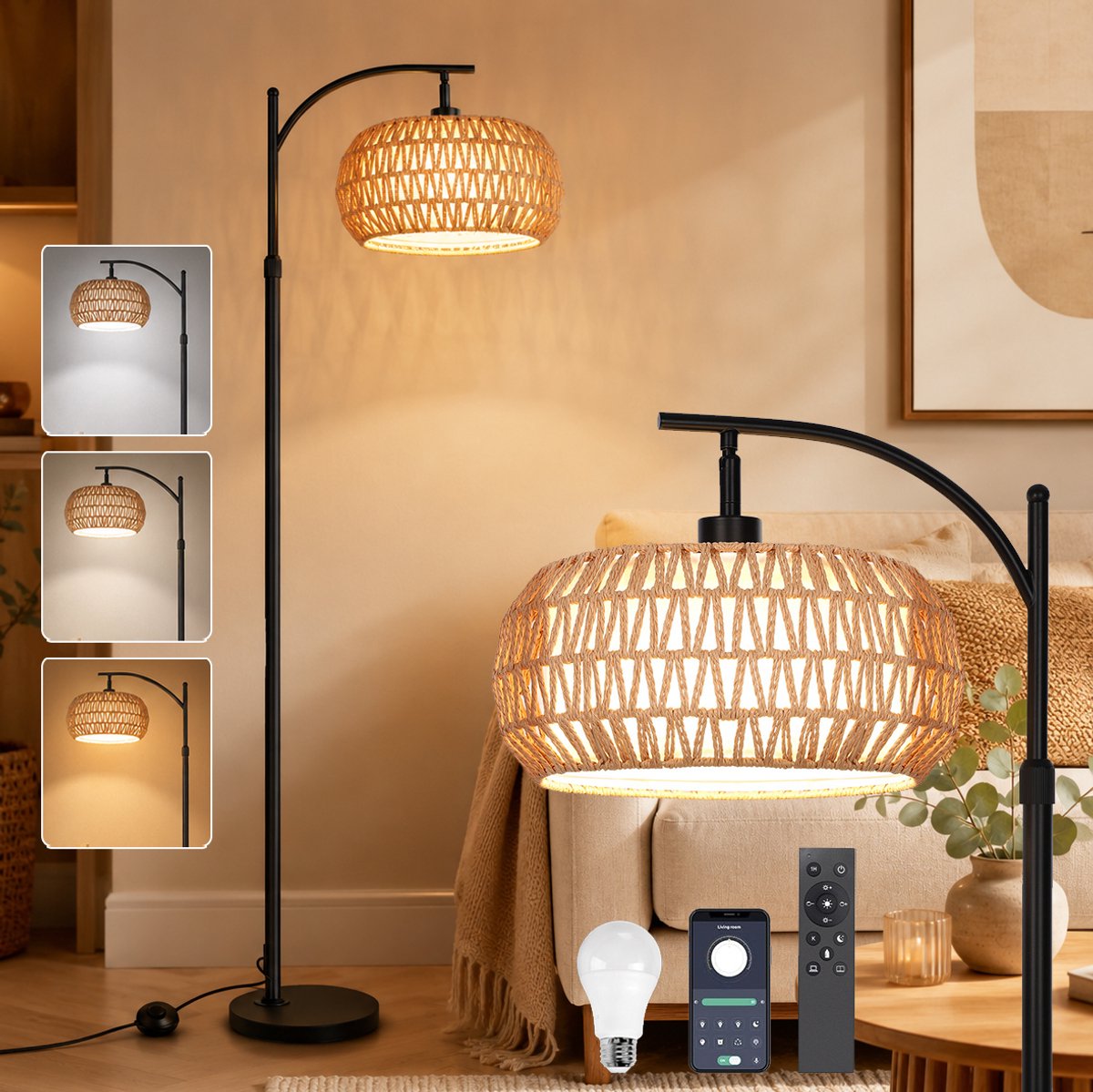 Rosnek Slimme Vloerlamp Rotan - Dimbare Leeslamp met Dubbele Kap - E27-fitting - Zwarte Metaal & Rieten Staande Lamp met App Bediening - Voor Slaapkamer & Kantoor