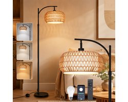 Rosnek Slimme Vloerlamp Rotan – Dimbare Leeslamp met Dubbele Kap – E27-fitting – Zwarte Metaal & Rieten Staande Lamp met App Bediening – Voor Slaapkamer & Kantoor
