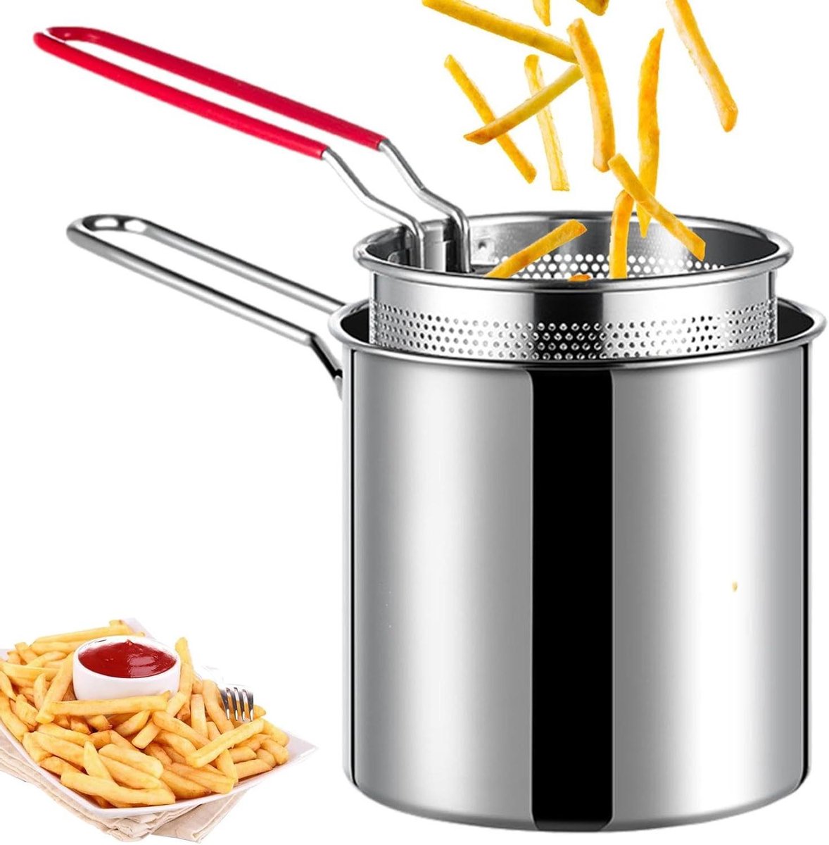 Friteuse - Frituurpan Pot - Thuis Koken - Met Zeefmand - 12.7cm - Zilver