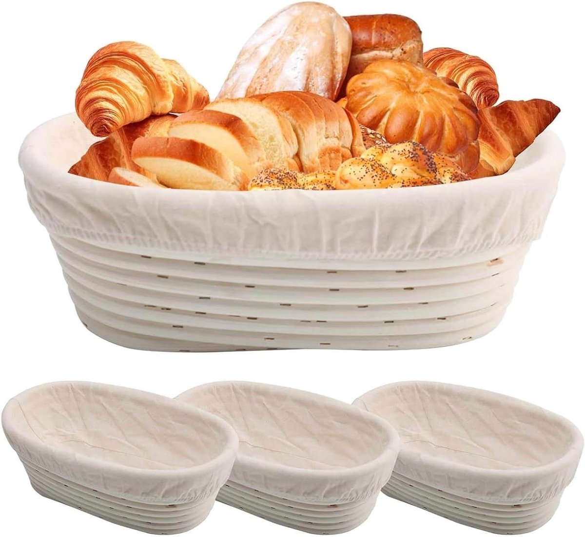 Banneton Brood Manden - Rijsmanden Zuurdesem - Brood Bakken - Handgeweven Rotan - 3 stuks Ovaal - Beige