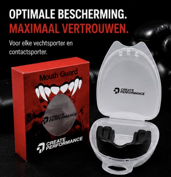 Zwarte gebitsbeschermer in transparante bewaarbox, naast rode verpakking met gebitsdesign. Bokshandschoenen op achtergrond.
