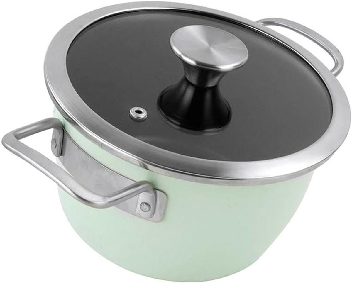 Magefesa Nordic pot 20 cm met dubbellaagse antiaanbaklaag versterkt met emaille buitenkant mintgroen en gesatineerd roestvrij stalen beslag met plat glazen deksel