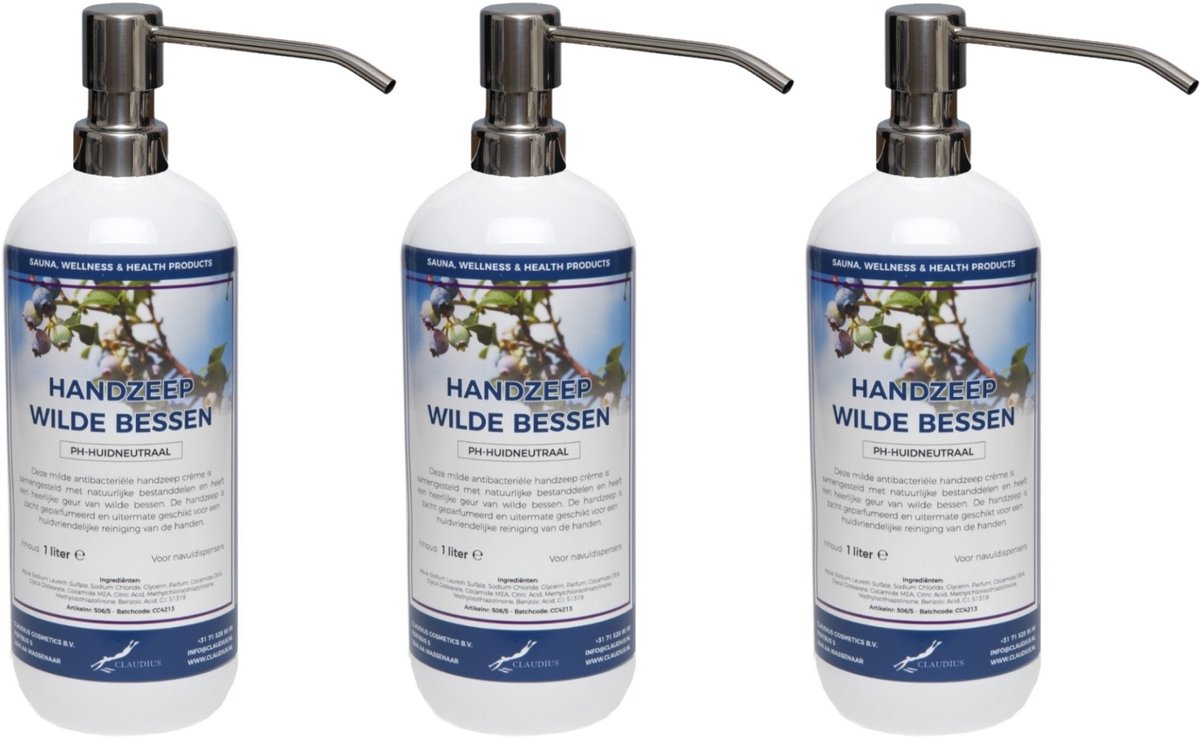 Handzeep Wilde Bessen 1 liter - set van 3 stuks - met gratis RVS zilverkleurige pomp - Voordeelverpakking