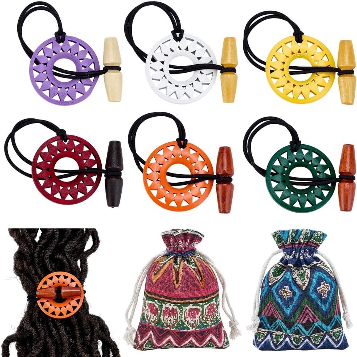 6 Stuks Veelkleurige Houtsnijwerk Tuimelhaarbanden - Verstelbare Dreadlock Accessoires voor Dikkere Krullen en Paardenstaarten