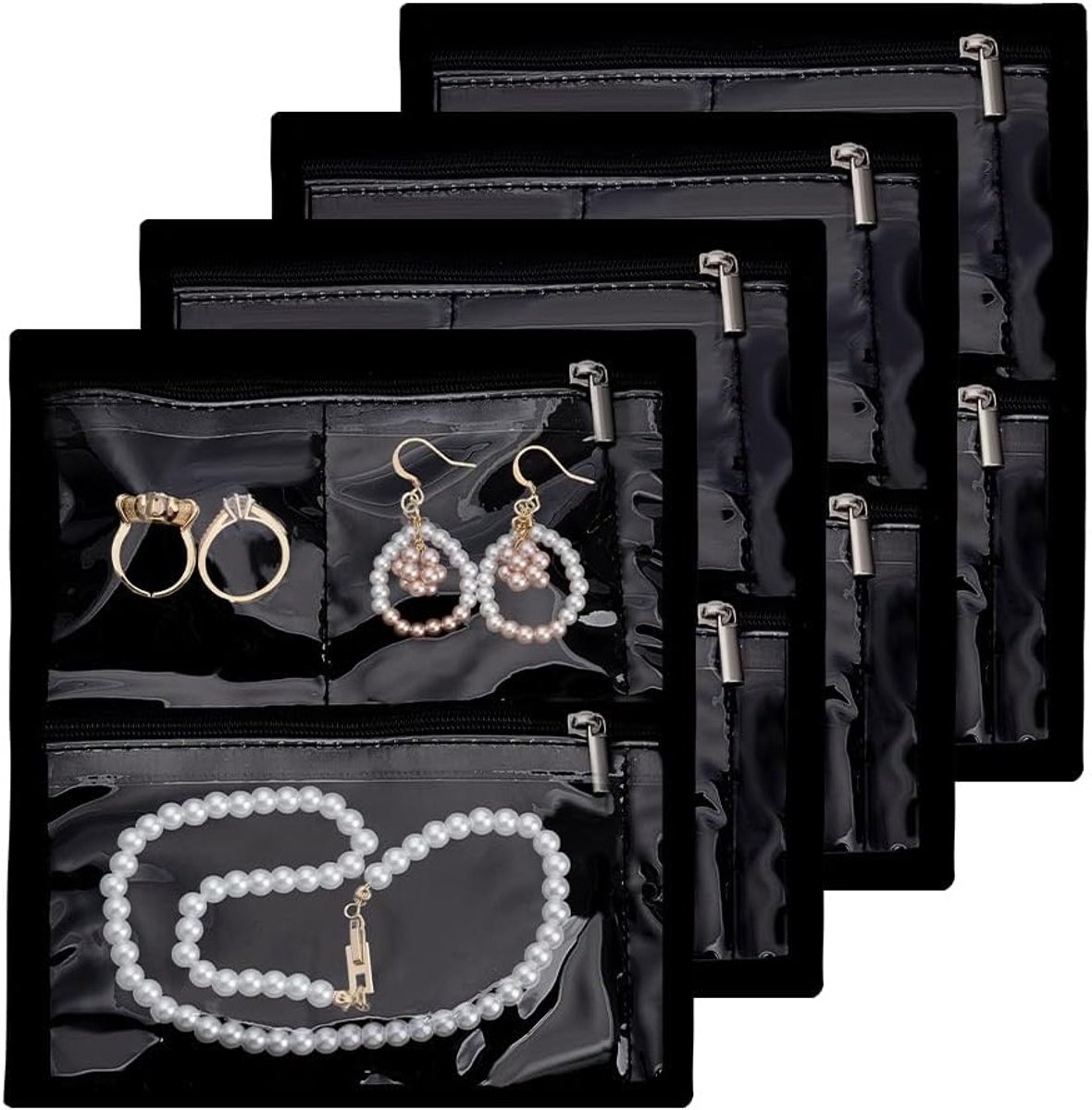Reis juwelendoosje - 4-delige organizer voor sieraden, oorbellen, ringen, kettingen en armbanden - 19,5 x 16,5 cm, zwart