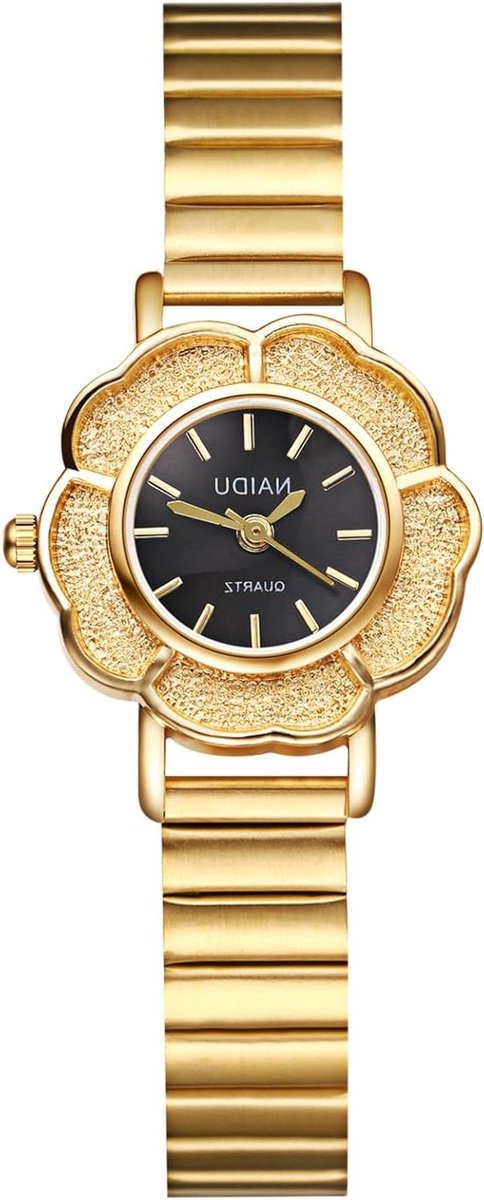 Dameshorloge Roestvrij Staal - Armband Horloge - Tijd Aflezen - Elegante Bloemdecoratie - Smal Bandje - Goudkleurig