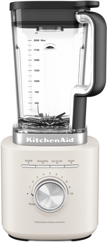 Porseleinwitte blender met glazen kan, bedieningspaneel met 'On/Off', 'Smoothie', 'Ice Crush', 'Clean' en snelheidsregelaar.