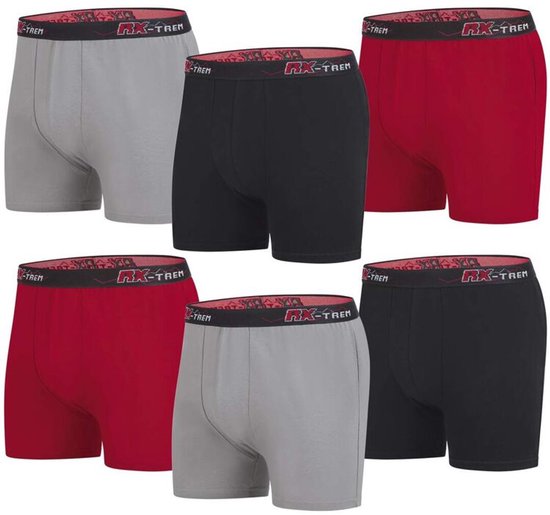 Set van zes effen boxershorts in grijs, zwart en rood, elk met een zwarte band met RX-TREM logo.