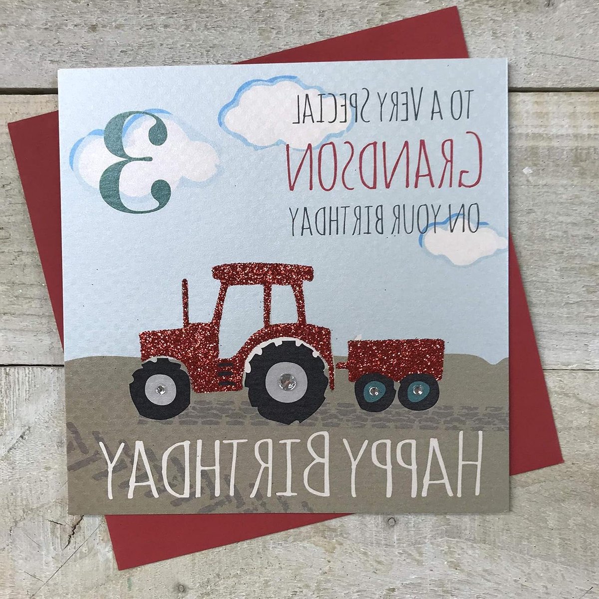Verjaardagskaart Kleinzoon - Wenskaart Handgemaakt - Speciale Boodschap - Met Glitter en Diamanten - 16x16 cm - Rood Wit Grijs Groen