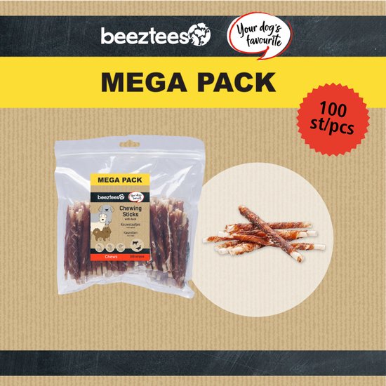 Mega Pack 100 stuks Beeztees kauwstaafjes met eend. Zak naast een stapel kluiven.